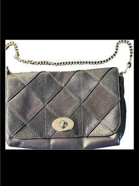 Coach Shoulder Bag, Ruby Patchwork Black, Blue Suede, Metallic Leather, Silver